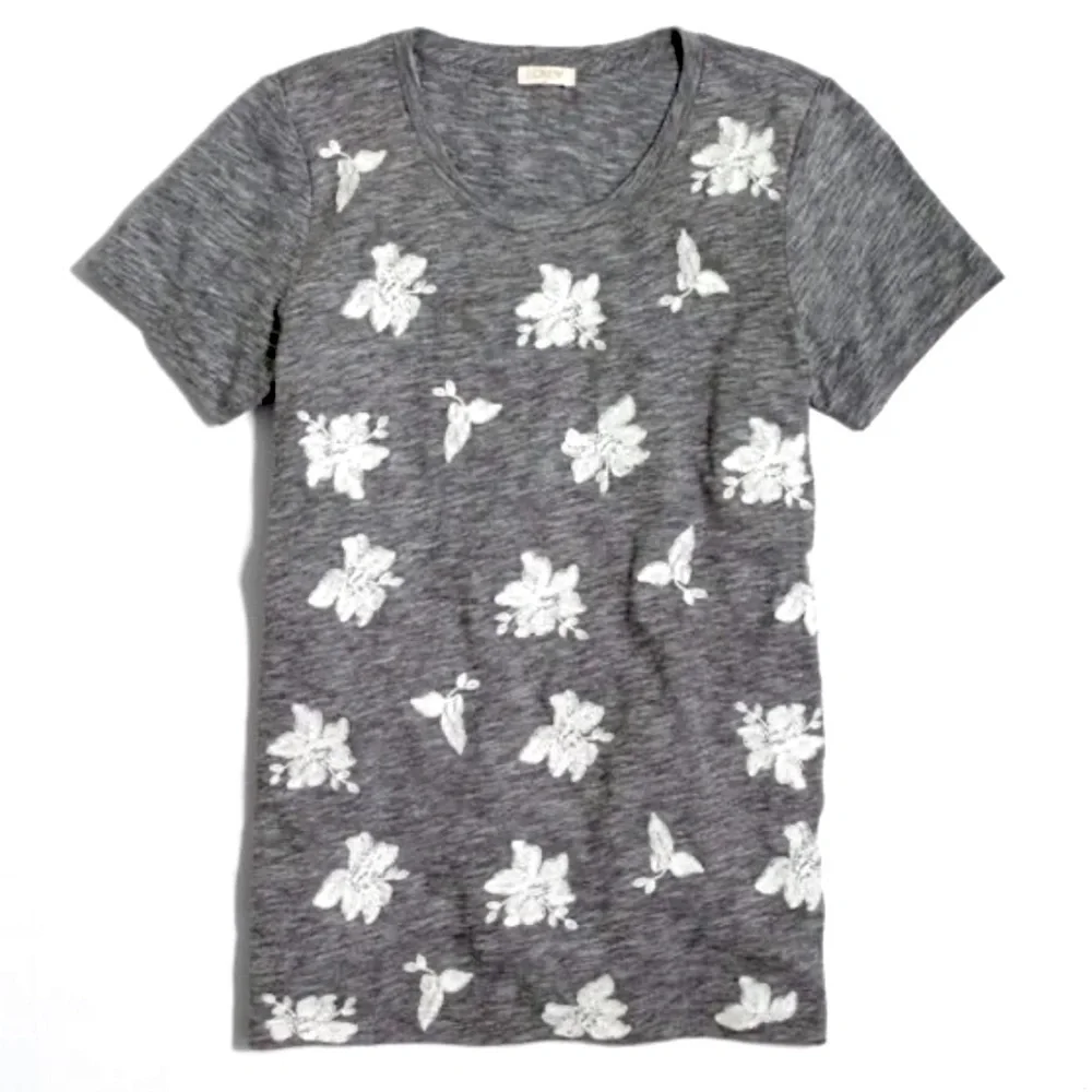 J. Crew Floral Embroidered Soft Grey Tee Size Extra Small